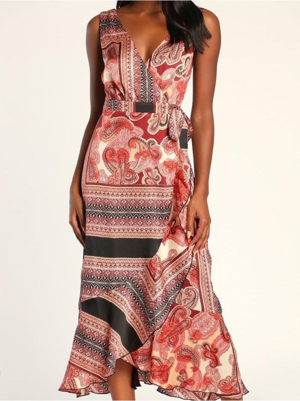 Lulu's Red Paisley Wrap Midi Dress